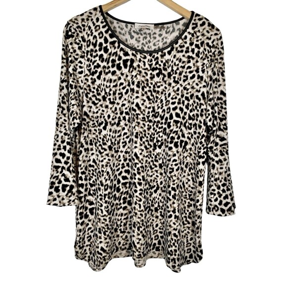 Calvin Klein Liquid Knit Leopard Animal Print 3/4 Bell Sleeve Top Blouse Large - Picture 1 of 8